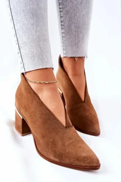 Best Botki Skórzane Na Obcasie Brązowe 2344 Damskie Botki Wiosenne|Botki Na Słupku