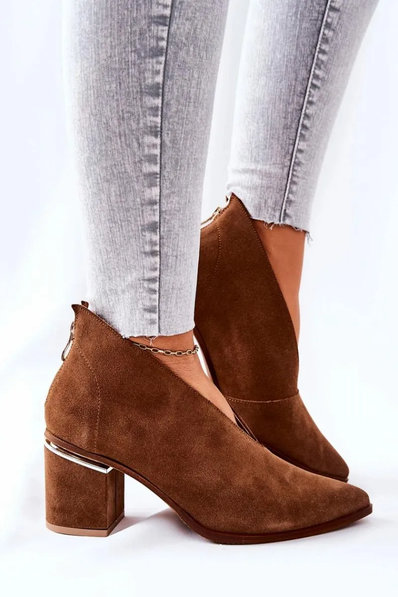 Best Botki Skórzane Na Obcasie Brązowe 2344 Damskie Botki Wiosenne|Botki Na Słupku