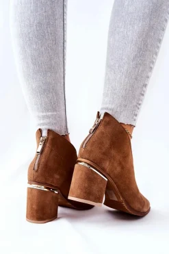 Best Botki Skórzane Na Obcasie Brązowe 2344 Damskie Botki Wiosenne|Botki Na Słupku