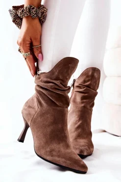 Discount Botki Skórzane Na Obcasie 2427 Ciemnobeżowe Damskie Botki Wiosenne|Czarne Botki