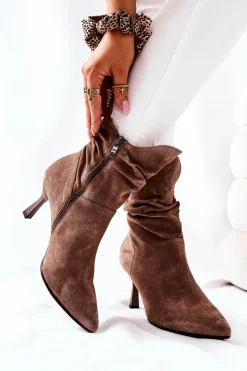 Discount Botki Skórzane Na Obcasie 2427 Ciemnobeżowe Damskie Botki Wiosenne|Czarne Botki