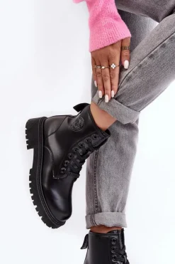 Damskie Trapery|Czarne Botki>Big Star Shoes Botki Skórzane Sznurowane Czarne Big Star MM274375