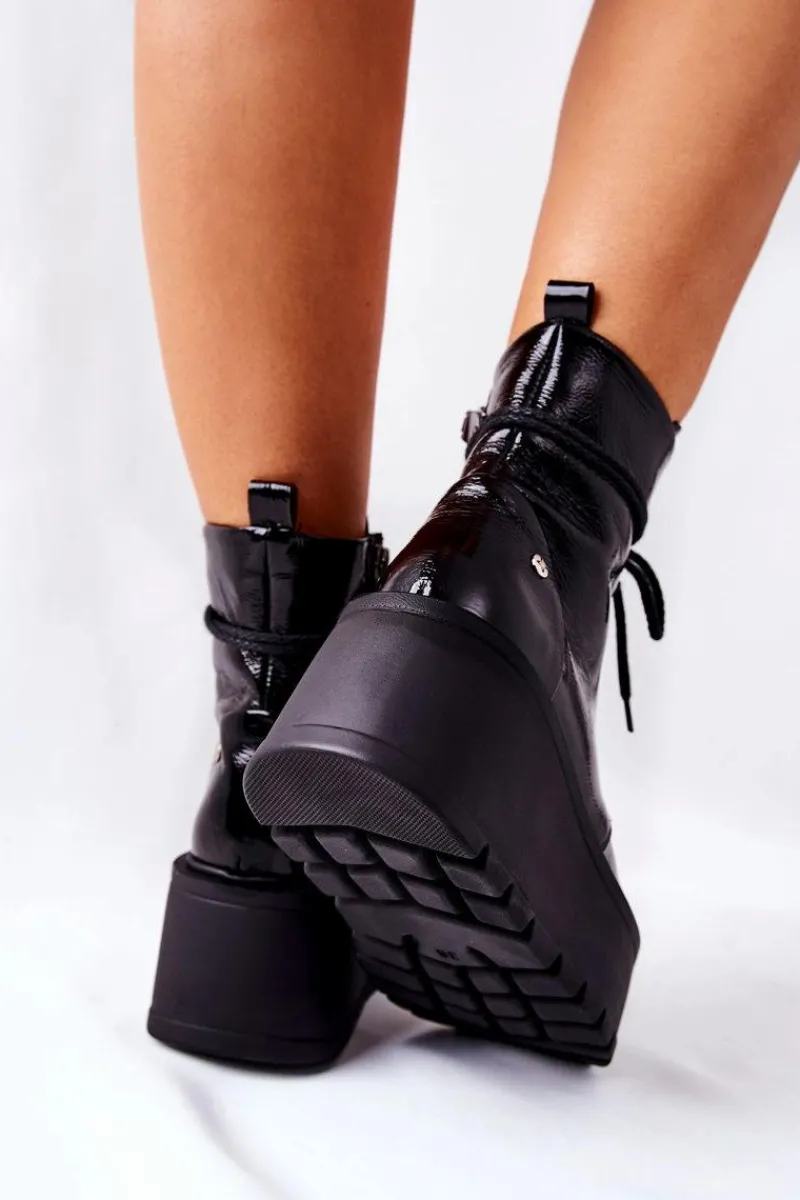 Botki Skórzane Trzewiki Czarne 05294-20 Damskie Botki Maciejka|Botki Sznurowane