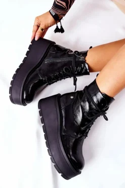 Botki Skórzane Trzewiki Czarne 05294-20 Damskie Botki Maciejka|Botki Sznurowane