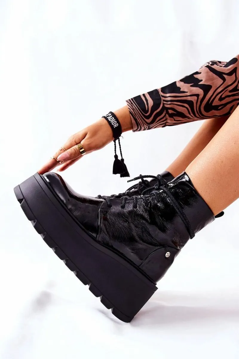 Botki Skórzane Trzewiki Czarne 05294-20 Damskie Botki Maciejka|Botki Sznurowane