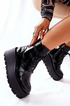 Botki Skórzane Trzewiki Czarne 05294-20 Damskie Botki Maciejka|Botki Sznurowane