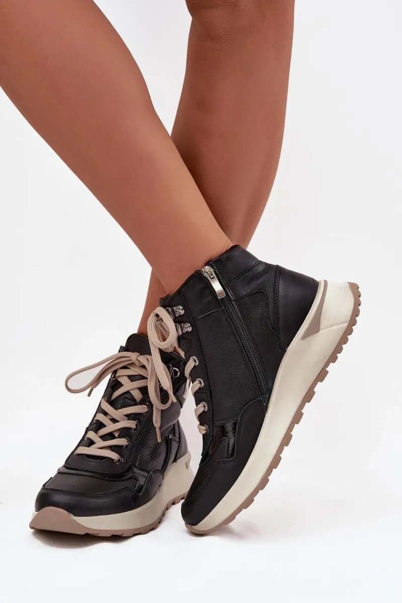 Buty Sportowe Na Platformie|Sneakersy Damskie>Zazoo Botki Sportowe Damskie Na Platformie Z Naturalnej Skóry Z1239 Czarne Czarny
