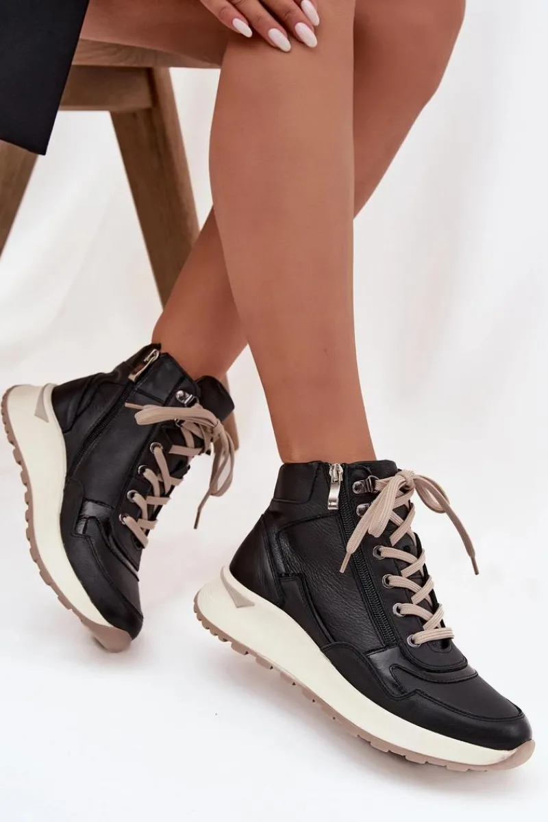 Buty Sportowe Na Platformie|Sneakersy Damskie>Zazoo Botki Sportowe Damskie Na Platformie Z Naturalnej Skóry Z1239 Czarne Czarny