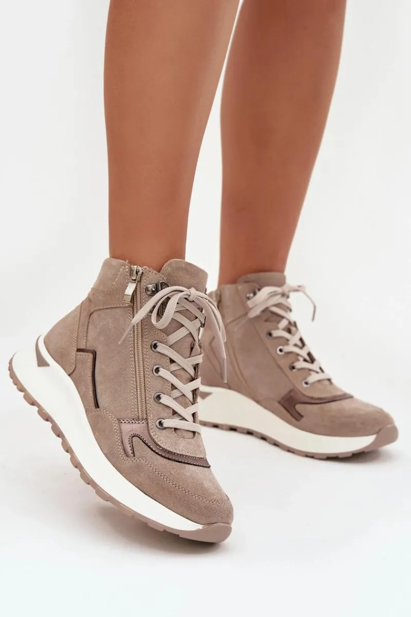 Sale Botki Sportowe Damskie Na Platformie Z Naturalnego Zamszu Z1239 Beżowe Damskie Buty Sportowe Na Platformie|Sneakersy Damskie