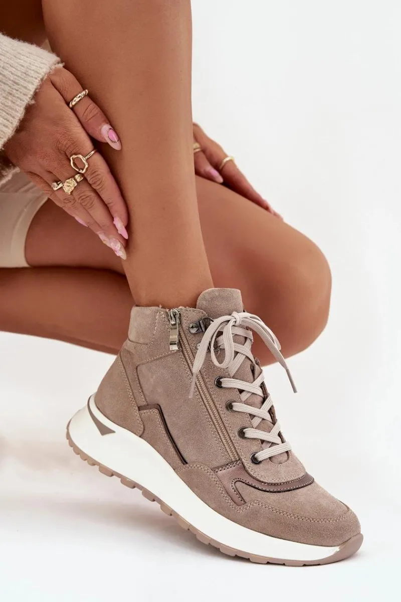 Sale Botki Sportowe Damskie Na Platformie Z Naturalnego Zamszu Z1239 Beżowe Damskie Buty Sportowe Na Platformie|Sneakersy Damskie