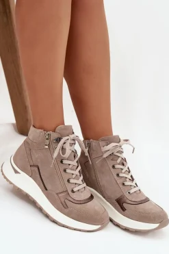 Sale Botki Sportowe Damskie Na Platformie Z Naturalnego Zamszu Z1239 Beżowe Damskie Buty Sportowe Na Platformie|Sneakersy Damskie