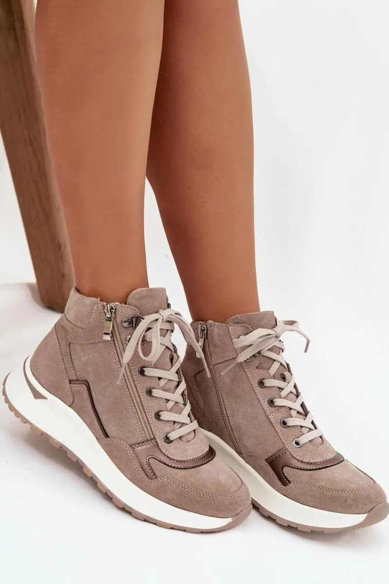 Sale Botki Sportowe Damskie Na Platformie Z Naturalnego Zamszu Z1239 Beżowe Damskie Buty Sportowe Na Platformie|Sneakersy Damskie