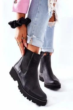 New Botki Sztyblety Czarne Nicole 2672 Damskie Botki Skórzane|Czarne Botki