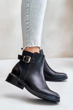 Best Botki Sztyblety Damskie Na Niskim Obcasie Ocieplane Ze Złotą Klamrą Czarne Inomira Damskie Botki Ocieplane|Botki Zimowe Damskie