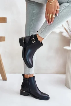 Best Botki Sztyblety Damskie Na Niskim Obcasie Ocieplane Ze Złotą Klamrą Czarne Inomira Damskie Botki Ocieplane|Botki Zimowe Damskie