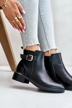 Best Botki Sztyblety Damskie Na Niskim Obcasie Ocieplane Ze Złotą Klamrą Czarne Inomira Damskie Botki Ocieplane|Botki Zimowe Damskie