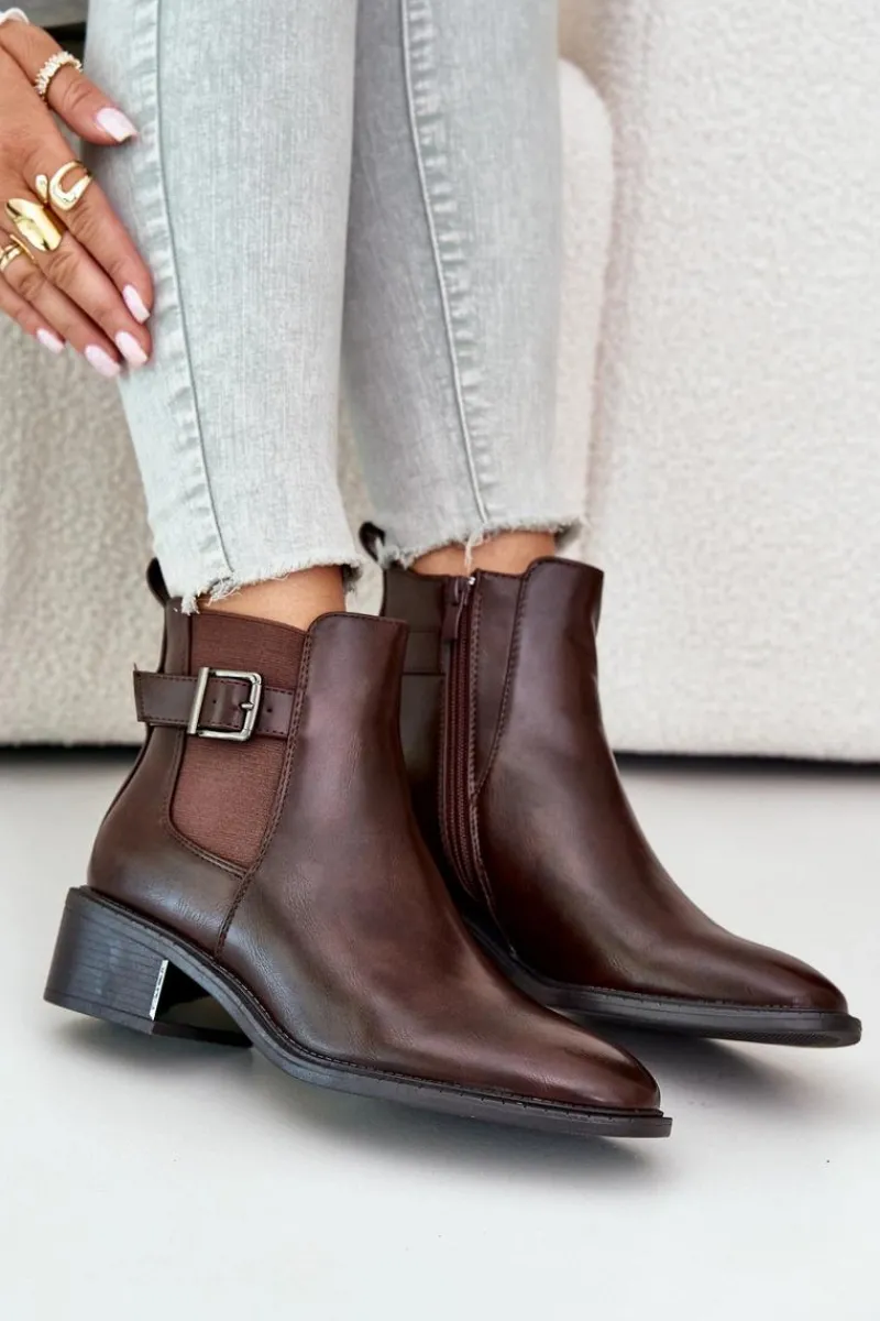 Best Botki Sztyblety Damskie Na Niskim Obcasie Ze Złotą Klamrą Brązowe Vomera Damskie Botki Na Słupku|Botki Zimowe Damskie