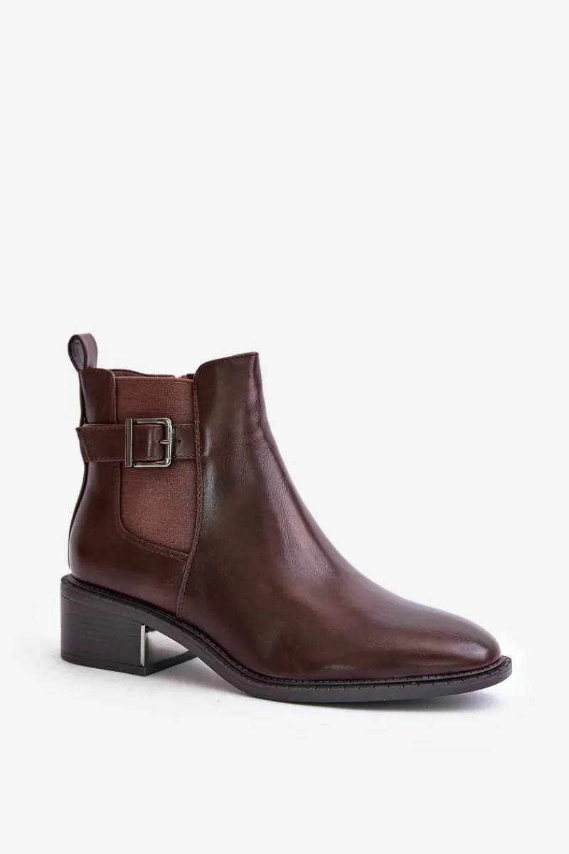 Best Botki Sztyblety Damskie Na Niskim Obcasie Ze Złotą Klamrą Brązowe Vomera Damskie Botki Na Słupku|Botki Zimowe Damskie