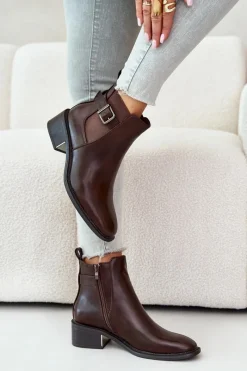 Best Botki Sztyblety Damskie Na Niskim Obcasie Ze Złotą Klamrą Brązowe Vomera Damskie Botki Na Słupku|Botki Zimowe Damskie