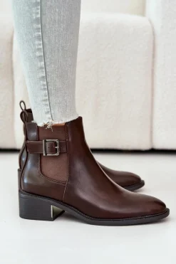 Best Botki Sztyblety Damskie Na Niskim Obcasie Ze Złotą Klamrą Brązowe Vomera Damskie Botki Na Słupku|Botki Zimowe Damskie