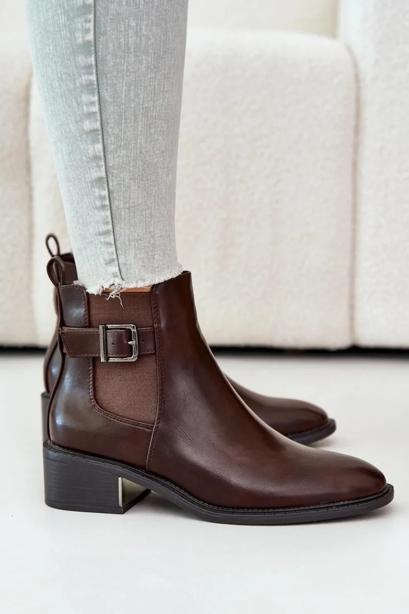 Best Botki Sztyblety Damskie Na Niskim Obcasie Ze Złotą Klamrą Brązowe Vomera Damskie Botki Na Słupku|Botki Zimowe Damskie