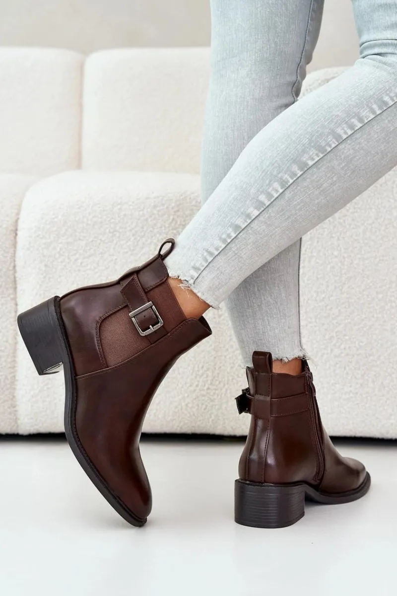 Best Botki Sztyblety Damskie Na Niskim Obcasie Ze Złotą Klamrą Brązowe Vomera Damskie Botki Na Słupku|Botki Zimowe Damskie