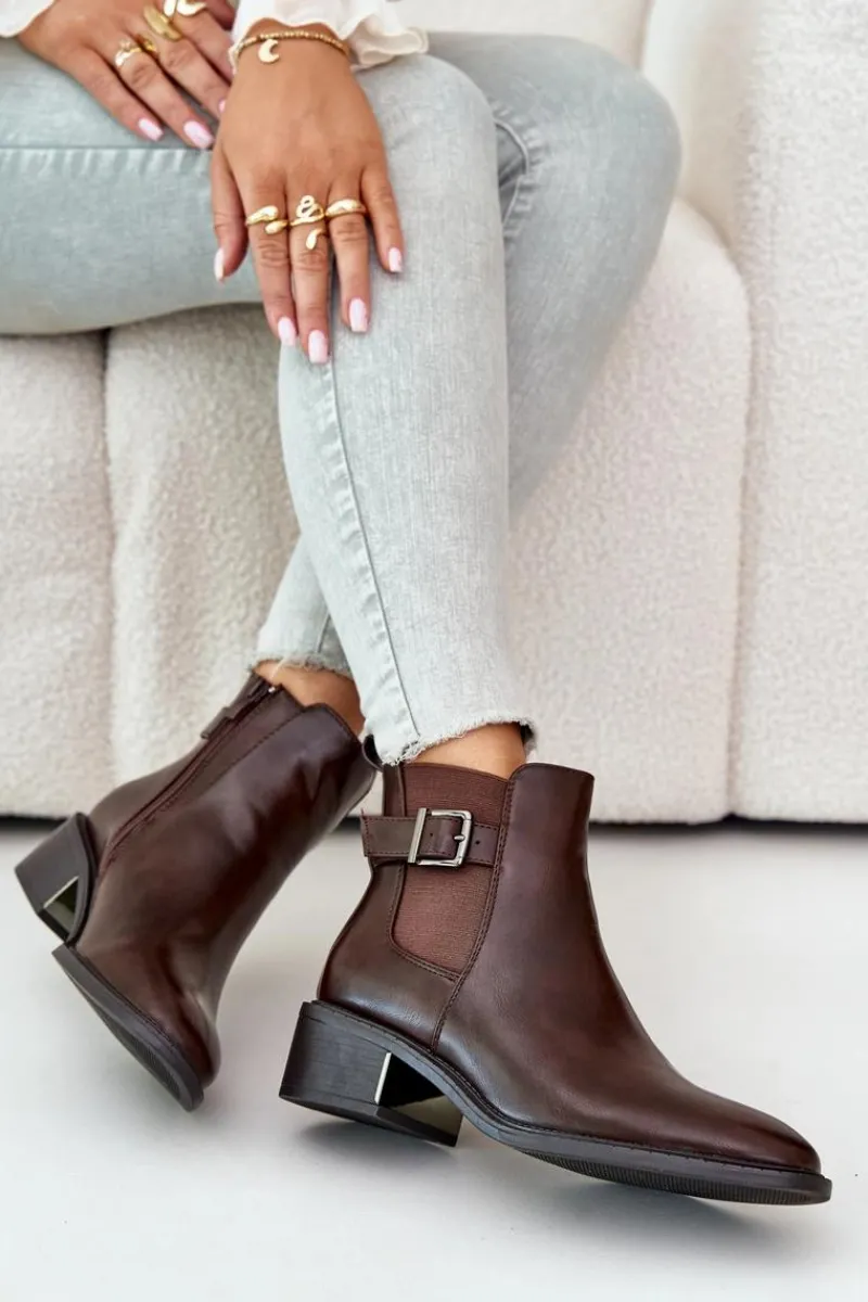 Best Botki Sztyblety Damskie Na Niskim Obcasie Ze Złotą Klamrą Brązowe Vomera Damskie Botki Na Słupku|Botki Zimowe Damskie