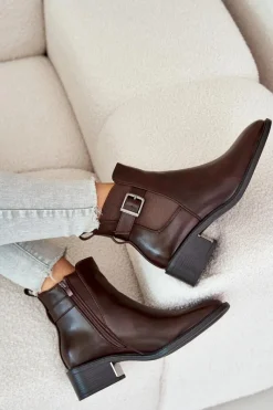 Best Botki Sztyblety Damskie Na Niskim Obcasie Ze Złotą Klamrą Brązowe Vomera Damskie Botki Na Słupku|Botki Zimowe Damskie