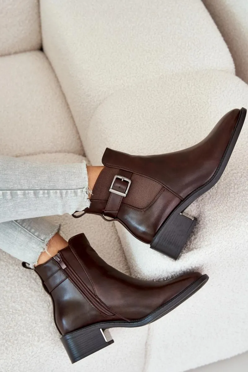Best Botki Sztyblety Damskie Na Niskim Obcasie Ze Złotą Klamrą Brązowe Vomera Damskie Botki Na Słupku|Botki Zimowe Damskie