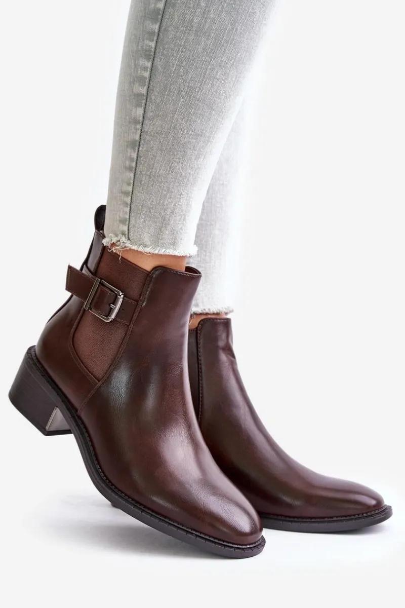 Best Botki Sztyblety Damskie Na Niskim Obcasie Ze Złotą Klamrą Brązowe Vomera Damskie Botki Na Słupku|Botki Zimowe Damskie