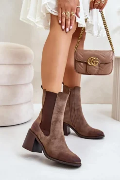 Online Botki Sztyblety Damskie Na Obcasie Słupku Z Eko Zamszu Brązowe Naorita Damskie Botki Na Słupku|Czarne Botki