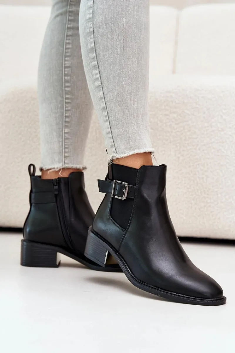 Best Botki Sztyblety Damskie Na Niskim Obcasie Ze Złotą Klamrą Czarne Vomera Damskie Botki Na Słupku|Botki Zimowe Damskie