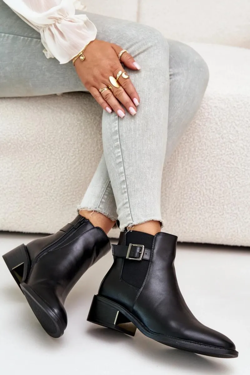 Best Botki Sztyblety Damskie Na Niskim Obcasie Ze Złotą Klamrą Czarne Vomera Damskie Botki Na Słupku|Botki Zimowe Damskie
