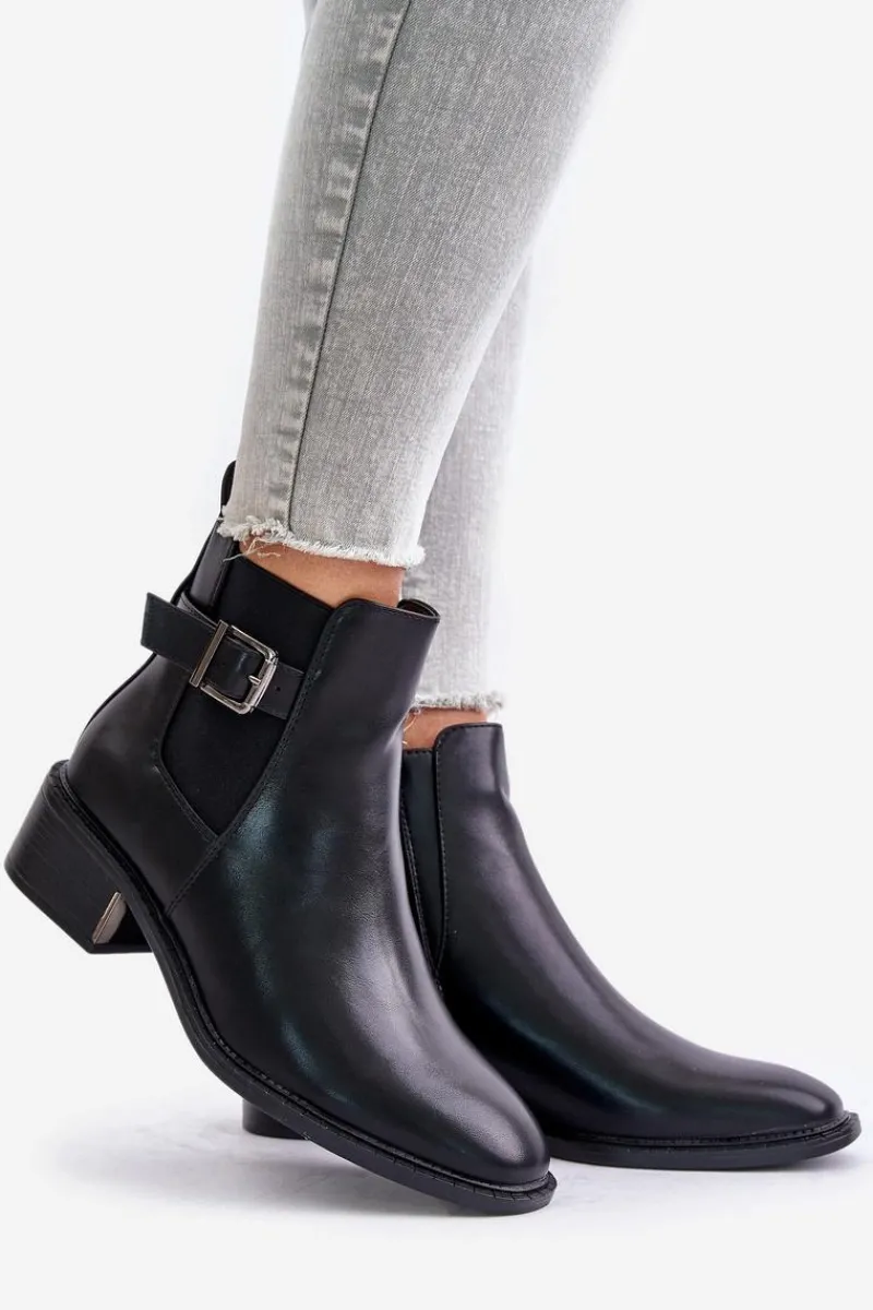 Best Botki Sztyblety Damskie Na Niskim Obcasie Ze Złotą Klamrą Czarne Vomera Damskie Botki Na Słupku|Botki Zimowe Damskie