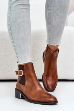 Botki Na Słupku|Botki Zimowe Damskie>Boto Botki Sztyblety Damskie Na Niskim Obcasie Ze Złotą Klamrą Camel Vomera