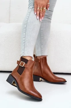 Botki Na Słupku|Botki Zimowe Damskie>Boto Botki Sztyblety Damskie Na Niskim Obcasie Ze Złotą Klamrą Camel Vomera