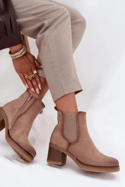 Botki Ocieplane|Botki Na Obcasie>Boto Botki Sztyblety Damskie Na Obcasie Ocieplane Beżowe Zelia Beżowy
