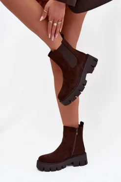 Hot Botki Sztyblety Damskie Ocieplane Na Zamek Eko Zamszowe Czekoladowe Fivienne Damskie Botki Ocieplane|Botki Płaskie