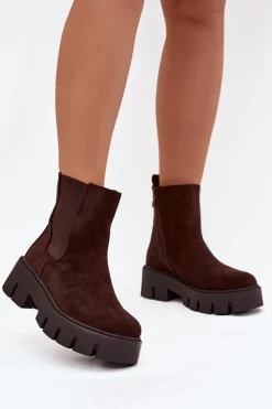 Hot Botki Sztyblety Damskie Ocieplane Na Zamek Eko Zamszowe Czekoladowe Fivienne Damskie Botki Ocieplane|Botki Płaskie