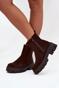 Hot Botki Sztyblety Damskie Ocieplane Na Zamek Eko Zamszowe Czekoladowe Fivienne Damskie Botki Ocieplane|Botki Płaskie
