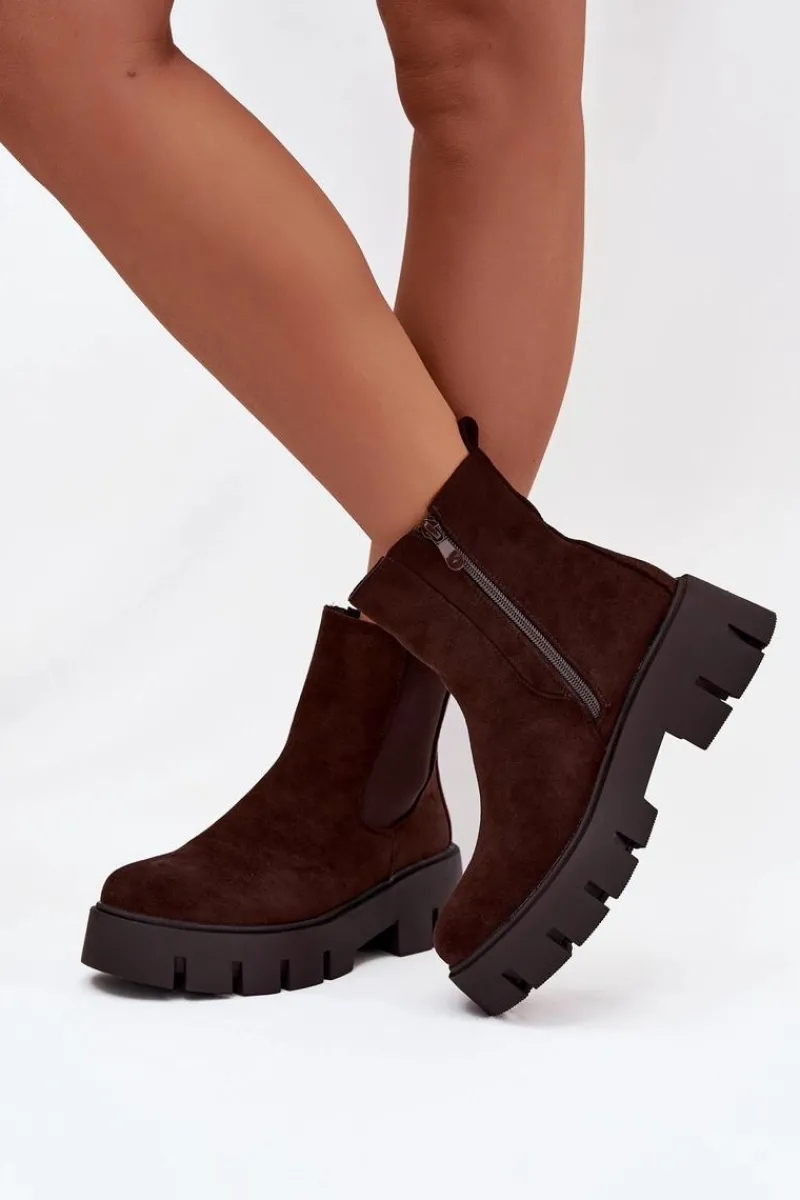 Hot Botki Sztyblety Damskie Ocieplane Na Zamek Eko Zamszowe Czekoladowe Fivienne Damskie Botki Ocieplane|Botki Płaskie