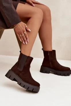 Hot Botki Sztyblety Damskie Ocieplane Na Zamek Eko Zamszowe Czekoladowe Fivienne Damskie Botki Ocieplane|Botki Płaskie