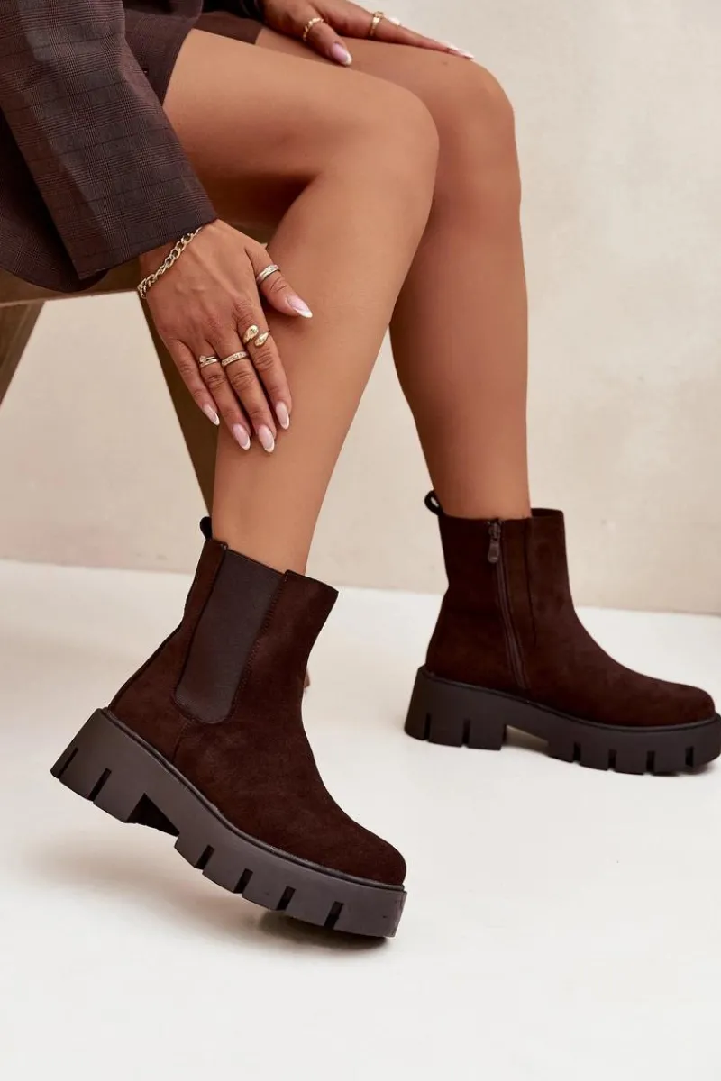 Hot Botki Sztyblety Damskie Ocieplane Na Zamek Eko Zamszowe Czekoladowe Fivienne Damskie Botki Ocieplane|Botki Płaskie