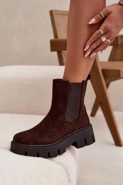 Hot Botki Sztyblety Damskie Ocieplane Na Zamek Eko Zamszowe Czekoladowe Fivienne Damskie Botki Ocieplane|Botki Płaskie