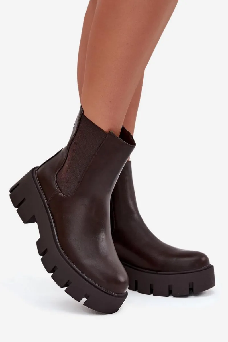 Botki Sztyblety Damskie Ocieplane Na Zamek Eko Skórzane Ciemnobrązowe Fivienne Damskie Botki Ocieplane|Botki Płaskie