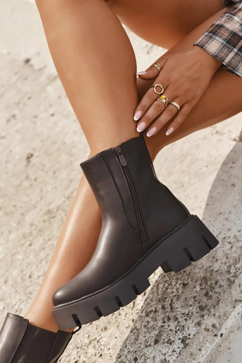 Botki Sztyblety Damskie Ocieplane Na Zamek Eko Skórzane Ciemnobrązowe Fivienne Damskie Botki Ocieplane|Botki Płaskie