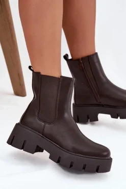 Botki Sztyblety Damskie Ocieplane Na Zamek Eko Skórzane Ciemnobrązowe Fivienne Damskie Botki Ocieplane|Botki Płaskie