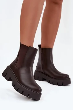 Botki Sztyblety Damskie Ocieplane Na Zamek Eko Skórzane Ciemnobrązowe Fivienne Damskie Botki Ocieplane|Botki Płaskie