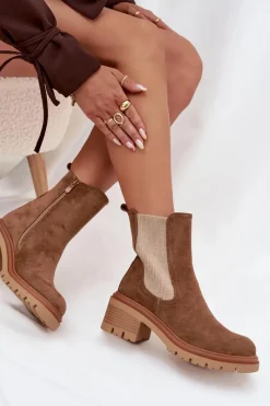 Best Boto Botki Sztyblety Damskie Ocieplane Na Klocku Ciemnobeżowe Zoralia Brązowy