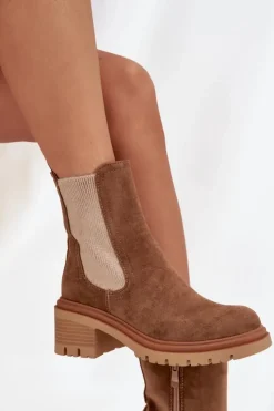 Best Boto Botki Sztyblety Damskie Ocieplane Na Klocku Ciemnobeżowe Zoralia Brązowy